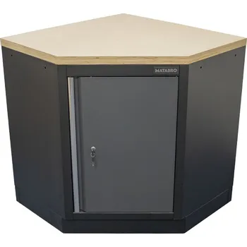 Skříňka na nářadí Matabro SET-CA01068, Rohová jednodveřová dílenská skříňka s dřevěnou pracovní deskou | 1 police | 865x865x950 mm