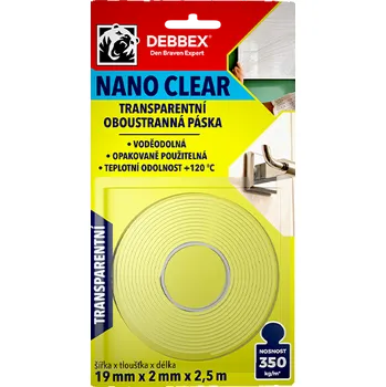 Lepicí páska Den Braven Transparentní oboustranná páska NANO CLEAR 19 mm × 2 mm, délka 2,5 m transparentní