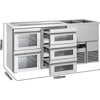 Výčepní pípa G.Gastro Výčepní pult 1,95 x 0,7 m - se 2 skleněnými šuplíky 1/2 & 3 šuplíky1/3