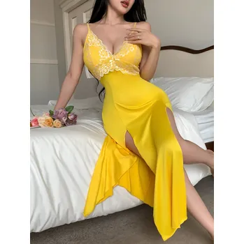 Dámská noční košile Dlouhá saténová noční sexy košilka s krajkou Barva: Žlutá, Velikostní tabulka: XL