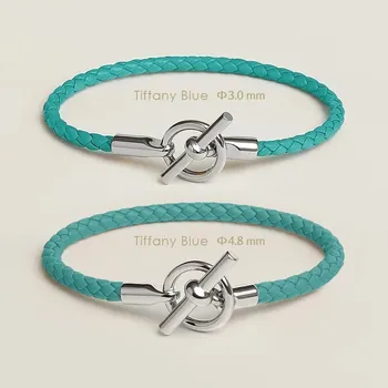 Náramek Kožený párový náramek s OT zapínáním | kožený náramek, párový náramek - tiffany modrá , Průměr 3,0 mm , 20 cm