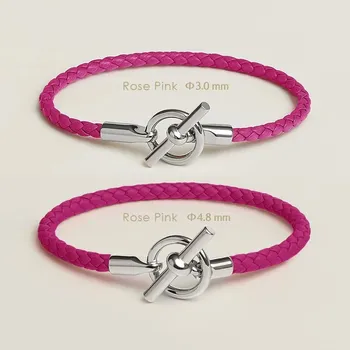 Náramek Kožený párový náramek s OT zapínáním | kožený náramek, párový náramek - Růžová , Průměr 4,8 mm , 18 cm