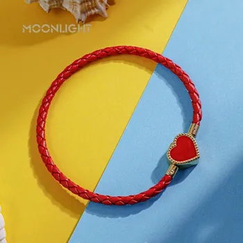 Náramek Náramek se srdcem z kůže | dámský náramek, svatební šperk - Červený , 21 cm