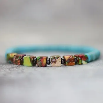 Náramek Barevný dřevěný náramek se srdcem | unisex náramek, přírodní šperk - Čtvercová tyrkysová , S 18,5 cm 7,3 palce