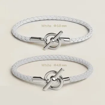 Náramek Kožený párový náramek s OT zapínáním | kožený náramek, párový náramek - Bílý , Průměr 4,8 mm , 22 cm