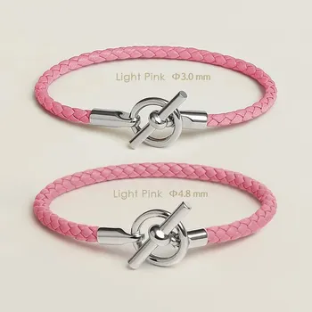 Náramek Kožený párový náramek s OT zapínáním | kožený náramek, párový náramek - Růžový , Průměr 4,8 mm , 20 cm
