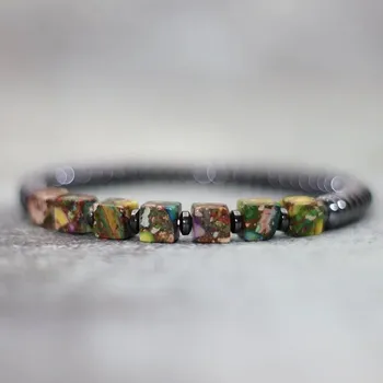 Náramek Barevný dřevěný náramek se srdcem | unisex náramek, přírodní šperk - Čtvercová Hematie , Délka 20,5 cm, 8 palců