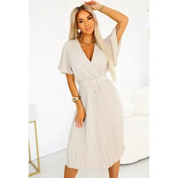 Dámské šaty Dámské plisované midi šaty s krátkým rukávem a páskem 607-1 béžová univerzální velikost S/M/L