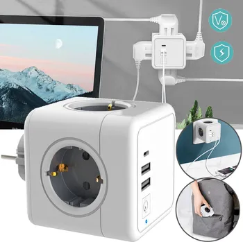 Elektrická zásuvka ROZBOČKA S 4 ZÁSUVKAMI A 3 USB NABÍJECÍMI PORTY, PRO KANCELÁŘ, 7V1