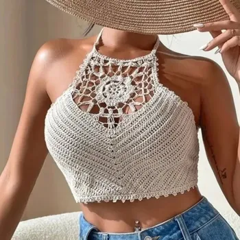 Háčkovaný letní plážový top s výšivkou | dámský top, plážová vesta - 4 bílé
