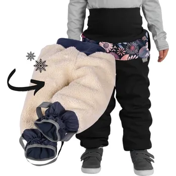 Dívčí kalhoty Unuo (ušito v ČR) Dívčí zimní kalhoty Unuo s mělým kožíškem PLUS vel. 86/92 černé kouzelné květiny (KOJENECKÁ ŘADA)