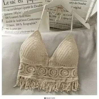 Háčkovaný letní plážový top s výšivkou | dámský top, plážová vesta - 1 meruňka