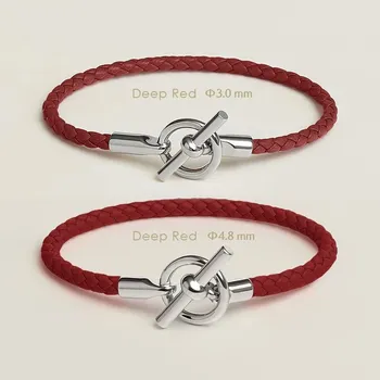 Náramek Kožený párový náramek s OT zapínáním | kožený náramek, párový náramek - Vínově červené , Průměr 3,0 mm , 22 cm