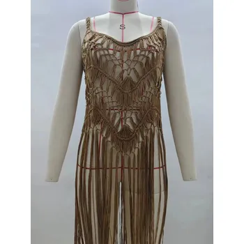 Dámské šaty Háčkované plážové šaty s třásněmi | dámské šaty, plážové oblečení - Hnědý