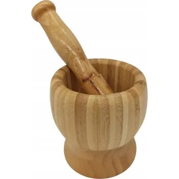 Hmoždíř DŘEVĚNÝ KUCHYŇSKÝ HMOŽDÍŘ S BAMBUSOVÝM TLUČKEM NA BYLINKY A KOŘENÍ 10 CM