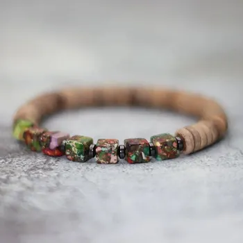 Náramek Barevný dřevěný náramek se srdcem | unisex náramek, přírodní šperk - Čtvercové dřevo , M 19,5 cm 7,7 palce