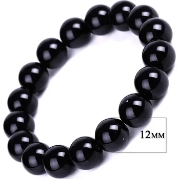Náramek Černý obsidiánový tibetský náramek amulet štěstí | energetický šperk, ochranný náramek - 12MM , 21 cm