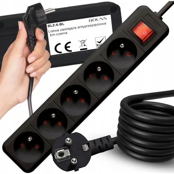 Napájecí kabel PRODLUŽOVACÍ KABEL ZÁSUVKOVÁ LIŠTA PROTIPŘEPĚŤOVÁ 5 ZÁSUVEK 16A 230V 3M ČERNÁ