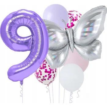Balónek Sada Narozeninových BALÓNKŮ Motýl Pasteloví Motýlci Fialová ČÍSLICE 9