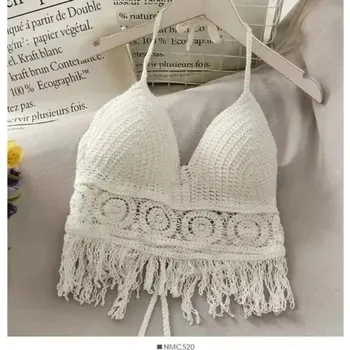 Háčkovaný letní plážový top s výšivkou | dámský top, plážová vesta - 1 bílá