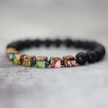 Náramek Barevný dřevěný náramek se srdcem | unisex náramek, přírodní šperk - Čtvercový onyx , M 19,5 cm 7,7 palce