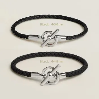 Náramek Kožený párový náramek s OT zapínáním | kožený náramek, párový náramek - Černý , Průměr 4,8 mm , 20 cm