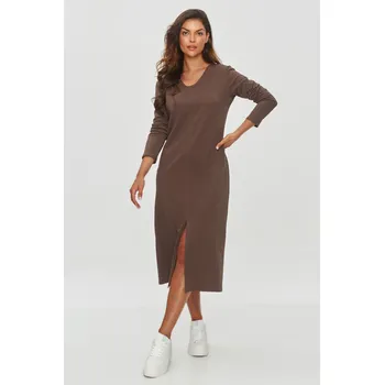 Dámské šaty Mikinové šaty s předním rozparkem M845 MAKADAMIA Barva: Čokoládová, Velikost: L