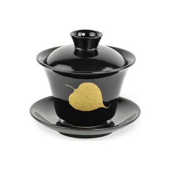Porcelánový zhong/gaiwan Tilia, černý, zlatý list lípy, 160 ml