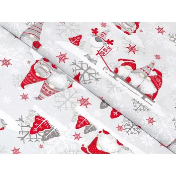 Sandra Vánoční bavlněná látka/plátno Červení skřítci na světle šedém - šířka 160 cm