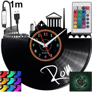 Hodiny Rom Nástěnné Hodiny s LED RGB Podsvícením a Dálkovým Ovládáním - Moderní Design (Vinylová Deska)