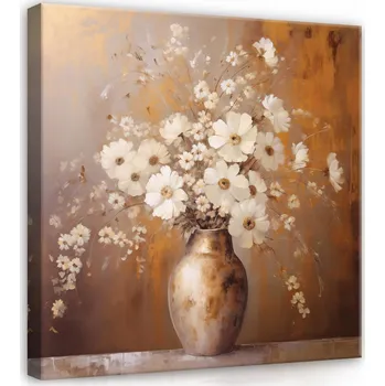 Obraz OBRAZ KVĚTINY VE VÁZE BÉŽOVÝ MODERNÍ NA PLÁTNĚ NA ZEĎ LOŽNICE 40x40