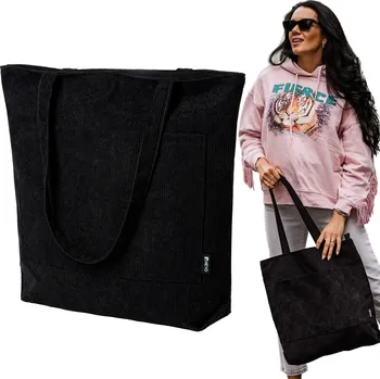 Kabelka Velká černá manšestrová taška shopper s zipem Heyo