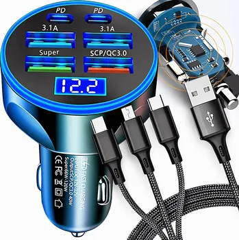 RYCHLÁ AUTOMOBILOVÁ NABÍJEČKA 6X USB USB-C QC 3.0 USB KABEL 3V1 LIGHTNING