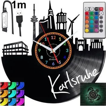 Hodiny Karlsruhe Nástěnné Hodiny LED RGB Podsvícené Dálkové Ovládání Vinylová Deska Moderní