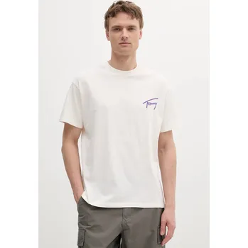 Pánské tričko Bavlněné tričko Tommy Jeans pánské, béžová barva, s potiskem, DM0DM20768 01X, vel. XL