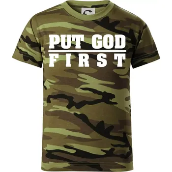 Put God first tlustý nápis - Dětské maskáčové triko - 122 cm/6 let ( Zelený maskáč )