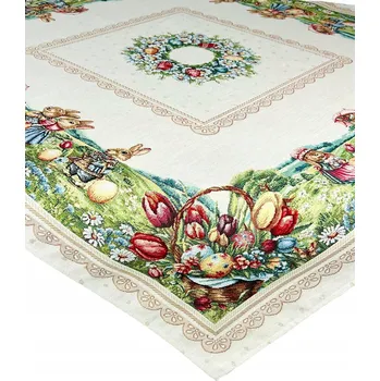 ubrus UBRUS GOBELÍNOVÝ VELIKONOČNÍ 100X100 ZAJÍČCI VAJÍČKA KVĚTY BÉŽOVÝ