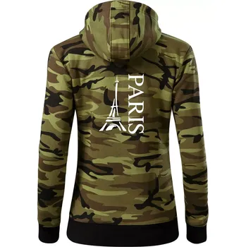 Dámská mikina Paris nápis Eiffelovka na výšku - Dámská mikina trendy zipper s kapucí - XS ( Zelený maskáč )
