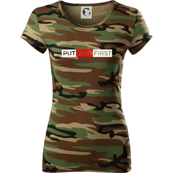 Dámské tričko Put God first obdélník - Dámské maskáčové triko - XS ( Hnědý maskáč )