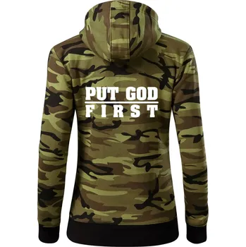 Dámská mikina Put God first tlustý nápis - Dámská mikina trendy zipper s kapucí - M ( Zelený maskáč )