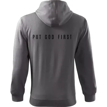 Pánská mikina Put God first slabý nápis - Mikina s kapucí na zip trendy zipper - M ( Ocelově šedá )