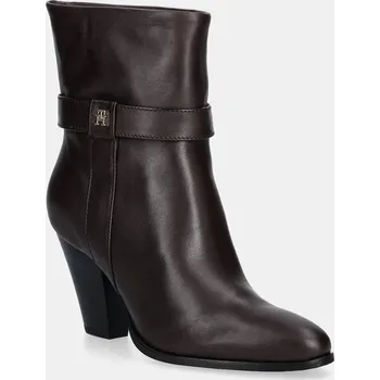 Dámské kozačky Kožené kotníkové boty Tommy Hilfiger TH T-STRAP LEATHER POINTY BOOTIE dámské, hnědá barva, na podpatku, FW0FW08984 89X, EUR 37