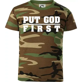 Put God first tlustý nápis - Dětské maskáčové triko - 122 cm/6 let ( Hnědý maskáč )