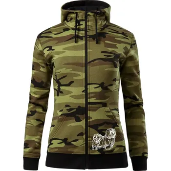 Dámská mikina Shih-tzu - chlupatý - Dámská mikina trendy zipper s kapucí - XS ( Zelený maskáč )