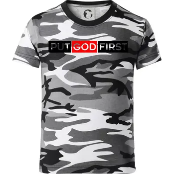 Chlapecké tričko Put God first obdélník - Dětské maskáčové triko - 146 cm/10 let ( Šedý maskáč )