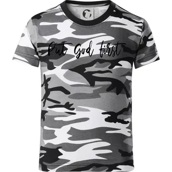 Chlapecké tričko Put God first psací nápis - Dětské maskáčové triko - 134 cm/8 let ( Šedý maskáč )