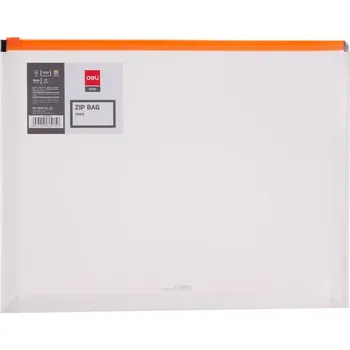 Pořadač/Obálka na zip, horizontální, průhledná PP Deli A4, oranžová