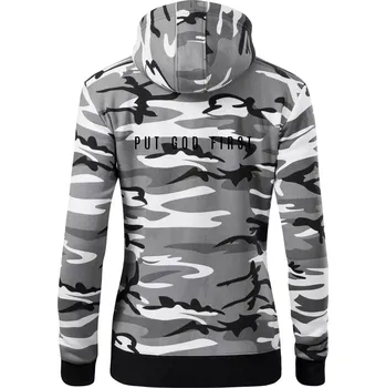 Dámská mikina Put God first slabý nápis - Dámská mikina trendy zipper s kapucí - S ( Šedý maskáč )