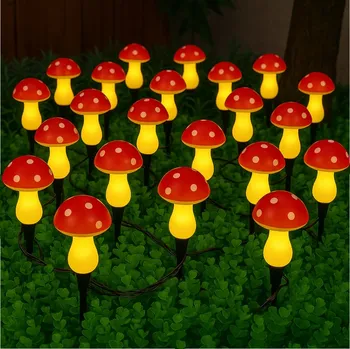 Venkovní osvětlení LED zahradní girlanda Houbičky - 20 světýlek teplá bílá, 12 m, zapichovací