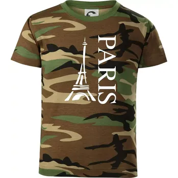 Paris nápis Eiffelovka na výšku - Dětské maskáčové triko - 104-110cm / 3-4 roky ( Hnědý maskáč )